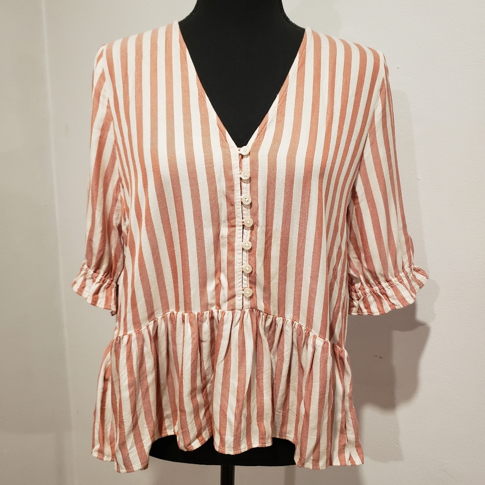 Madewell Cream and Dusty Rose Striped Peplum Button Front Blouse